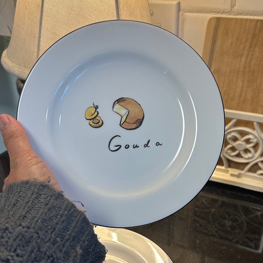 Pottery Barn White Plate with Black Trim and Cheese Design
